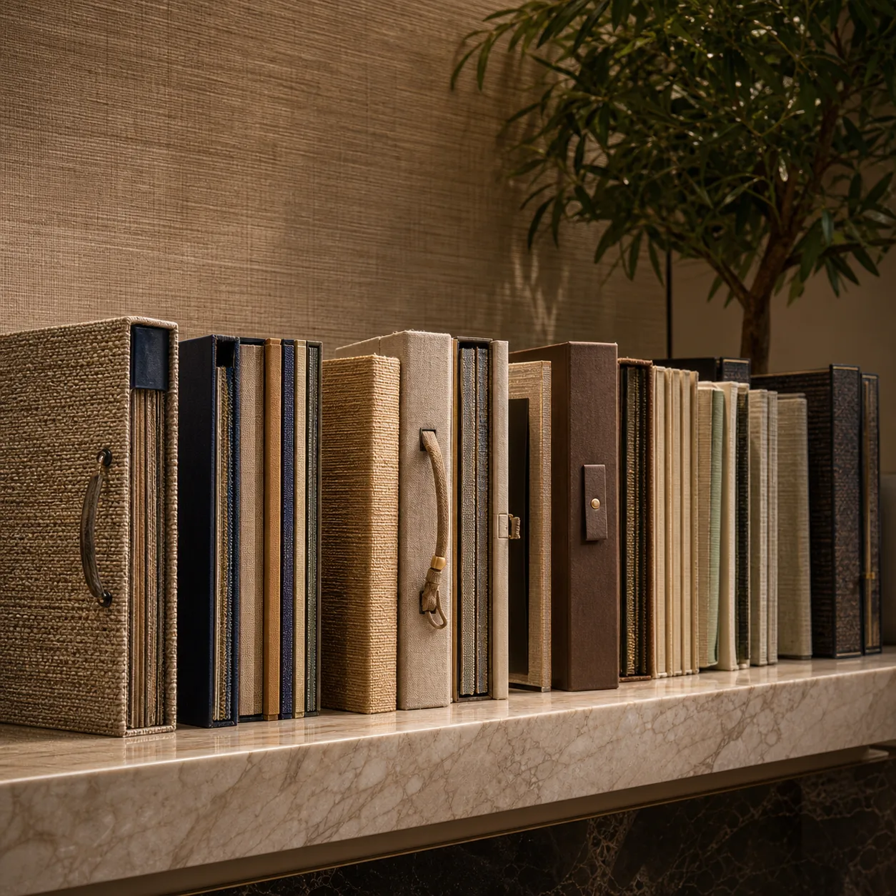 Six grasscloth wallpaper samples from different premium brands laid side by side showing color and weave variations