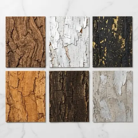 Cork wallcovering color and finish palette showing natural, silver, gold metallic, amber, and charcoal variations