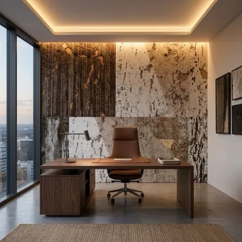 Modern executive office interior featuring an acoustic cork wallcovering feature wall