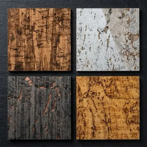 Four different types of natural cork wallcovering textures including raw bark, silvered bark, metallic highlights and natural granulated