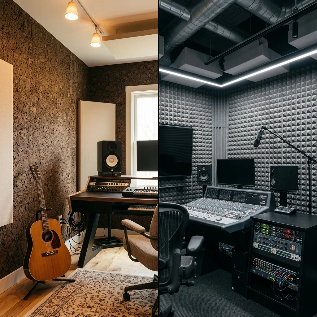 Side-by-side comparison of grasscloth wallcovering in a living room and cork wallcovering in a home office