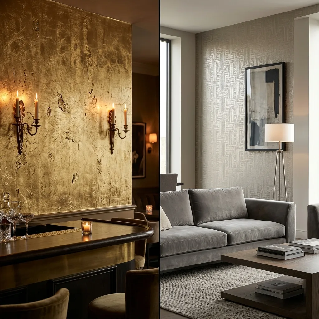 Side-by-side comparison of grasscloth wallcovering in a living room and cork wallcovering in a home office