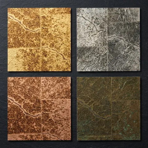 Four different gold foil wallcovering texture samples showing cracked gold leaf, antiqued foil, and metallic leaf