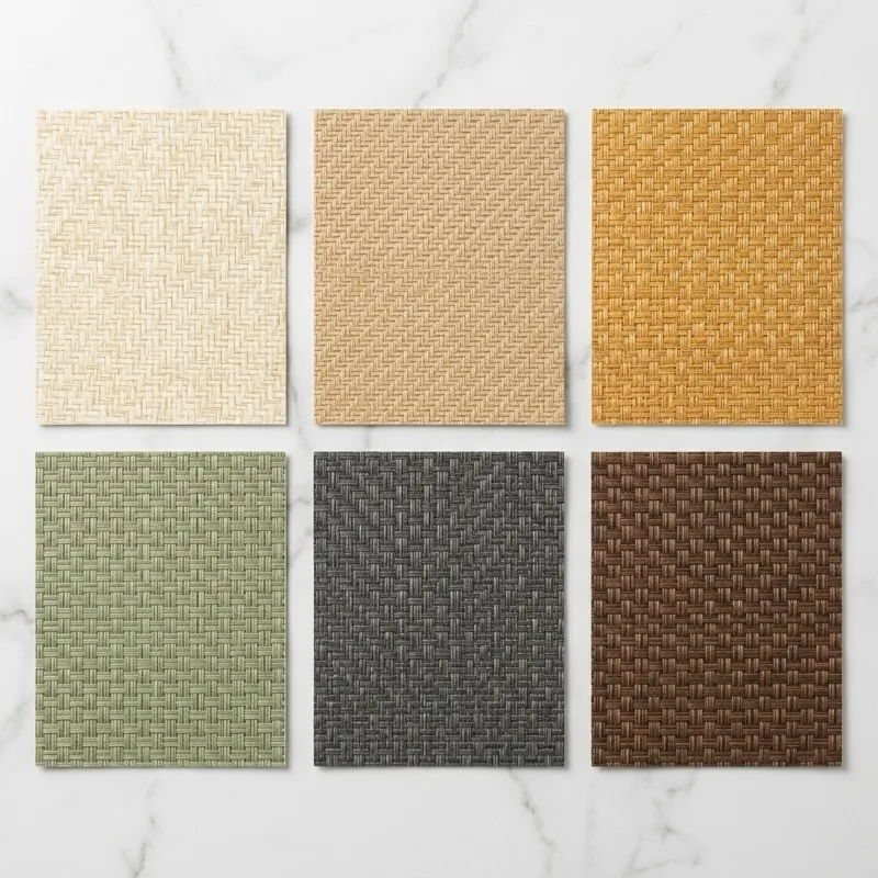 Six grasscloth color swatches arranged on marble — cream, sandy beige, golden wheat, olive green, charcoal grey and chocolate brown