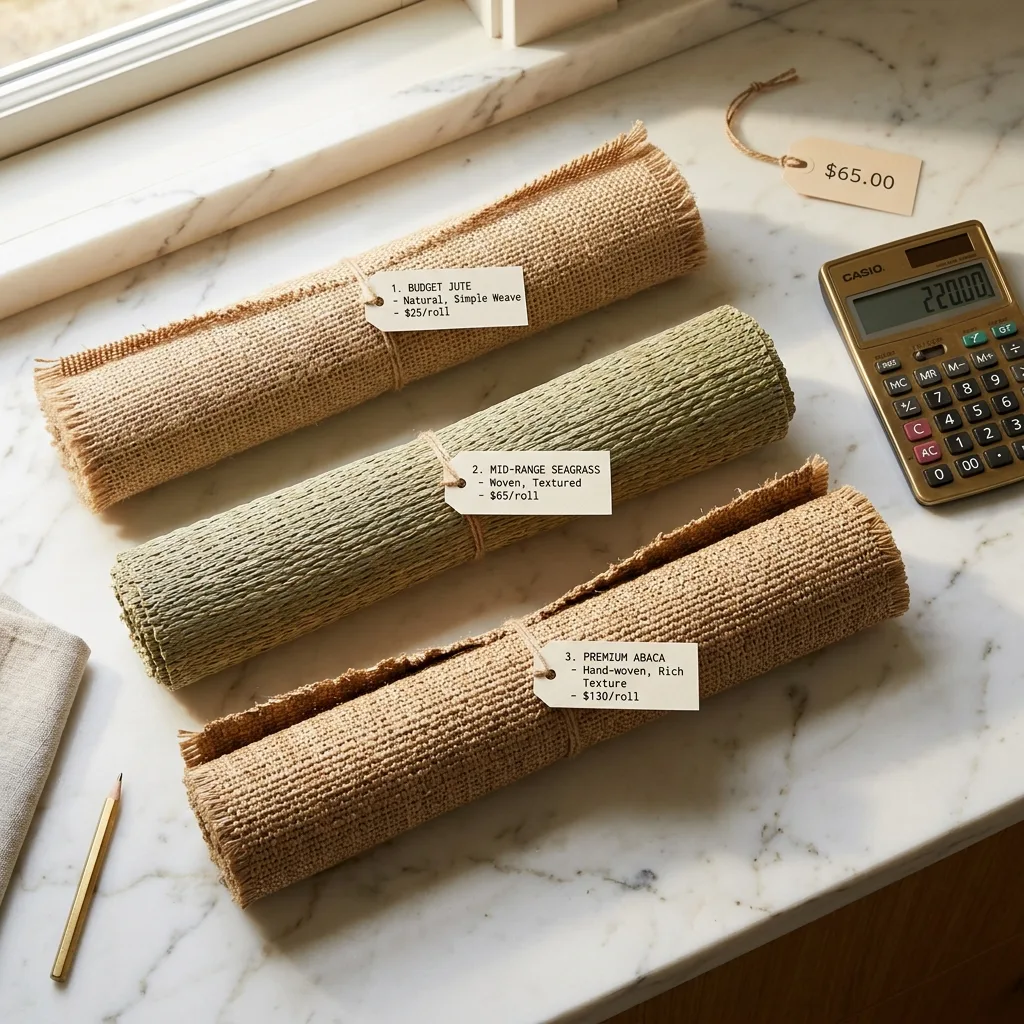 Natural grasscloth wallcovering rolls in various materials with price tags showing FOB factory costs versus retail markup
