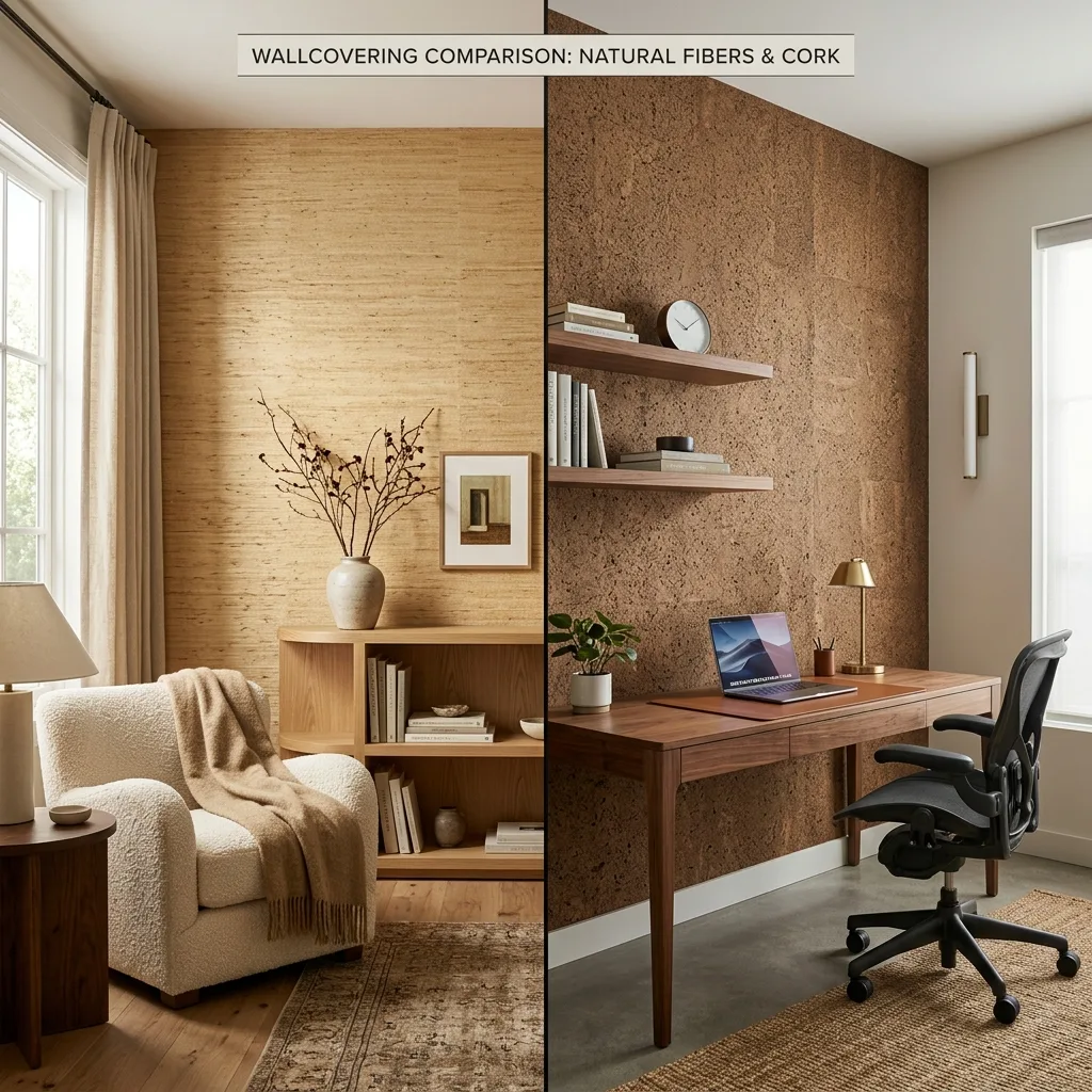 Side-by-side comparison of grasscloth wallcovering in a living room and cork wallcovering in a home office