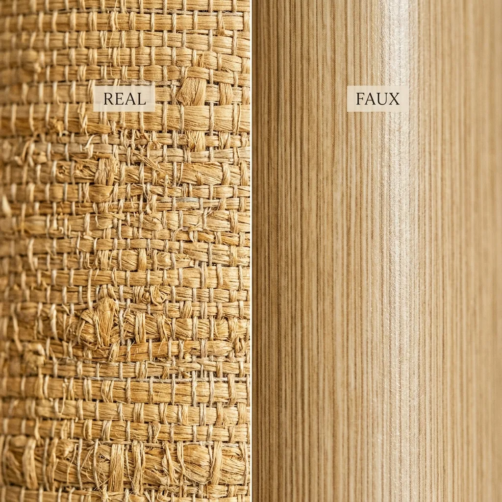 Extreme close-up comparison of real grasscloth natural fiber weave texture versus faux grasscloth smooth printed vinyl texture