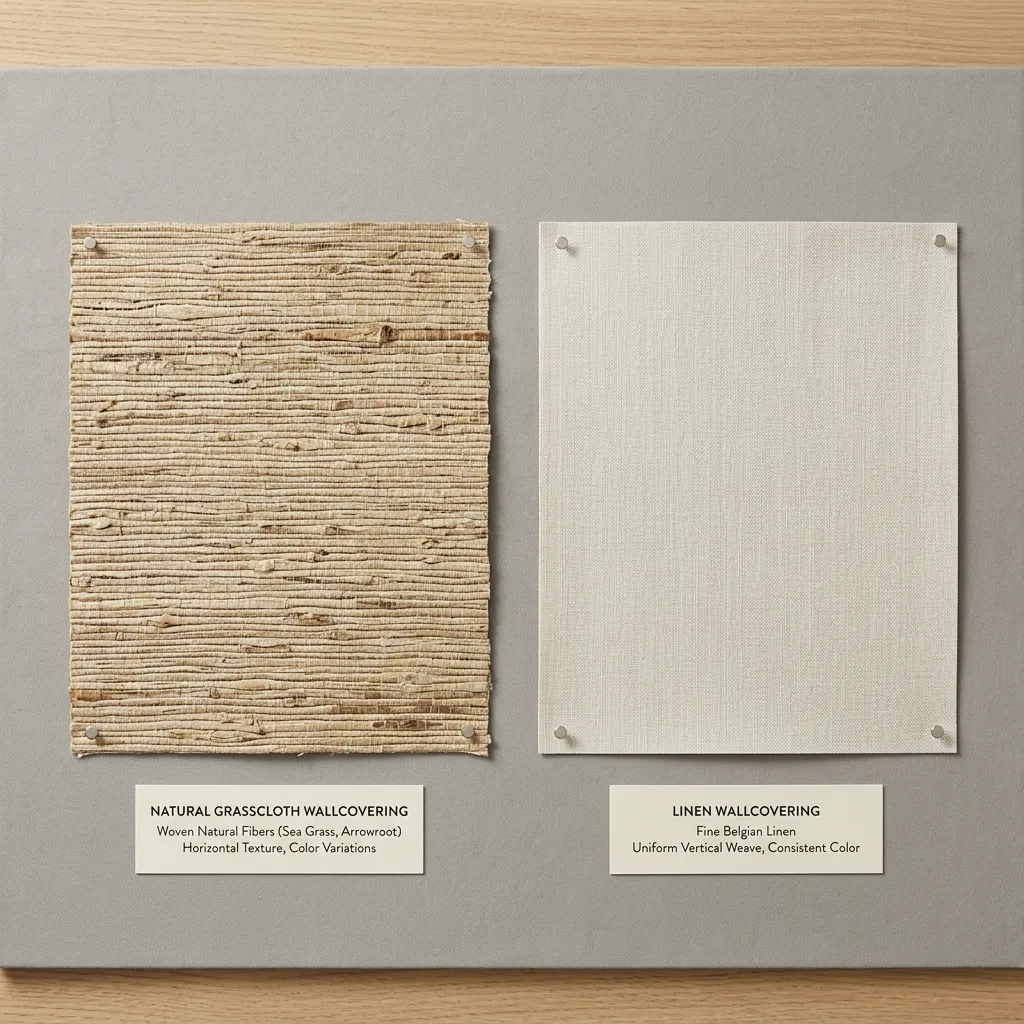 Side-by-side comparison of grasscloth wallcovering in a living room and cork wallcovering in a home office