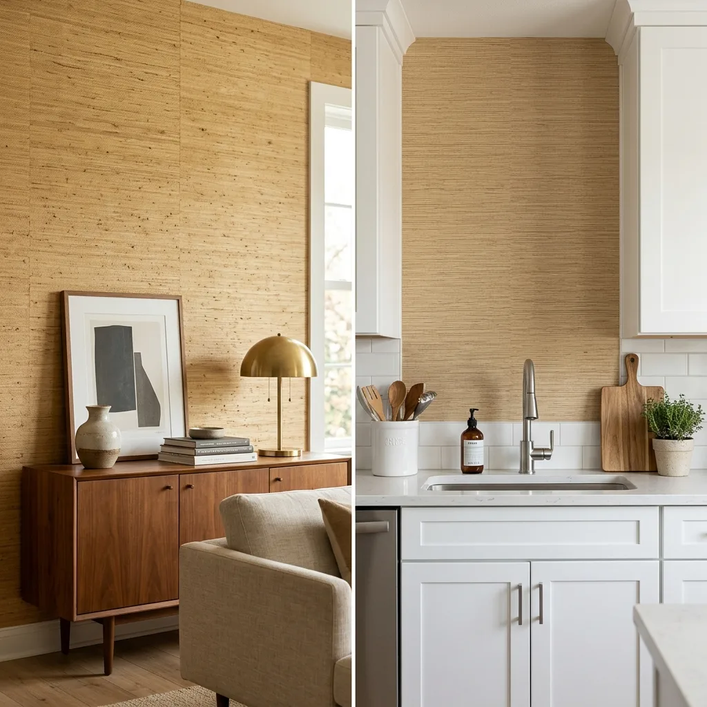 Side-by-side comparison of authentic grasscloth wallcovering in a luxury living room and vinyl faux-grasscloth in a modern kitchen