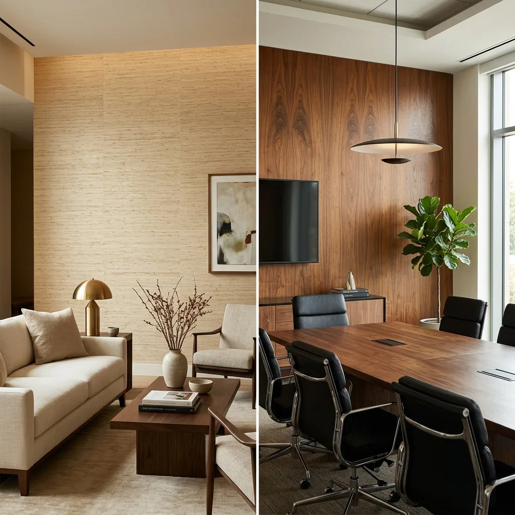 Side-by-side comparison of grasscloth wallcovering in a hotel lobby and wood veneer wallcovering in an executive boardroom