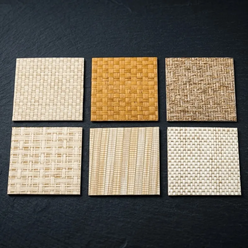 Three grasscloth weave types side by side — tight-weave arrowroot in beige, open-weave seagrass in green, and herringbone jute in charcoal