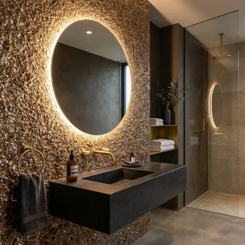 Luxury modern bathroom interior with natural shimmering mica stone wallcovering on the main vanity wall