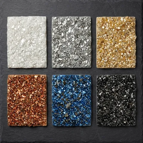 Six natural mica wallcovering swatches showing pearl white, silver-grey, amber, rich copper, sapphire blue, and charcoal black
