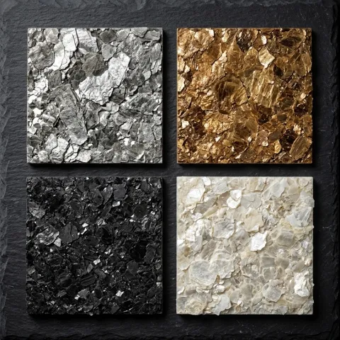Four natural mica wallcovering texture samples showing silver-grey, warm amber, deep charcoal black, and pearlescent white