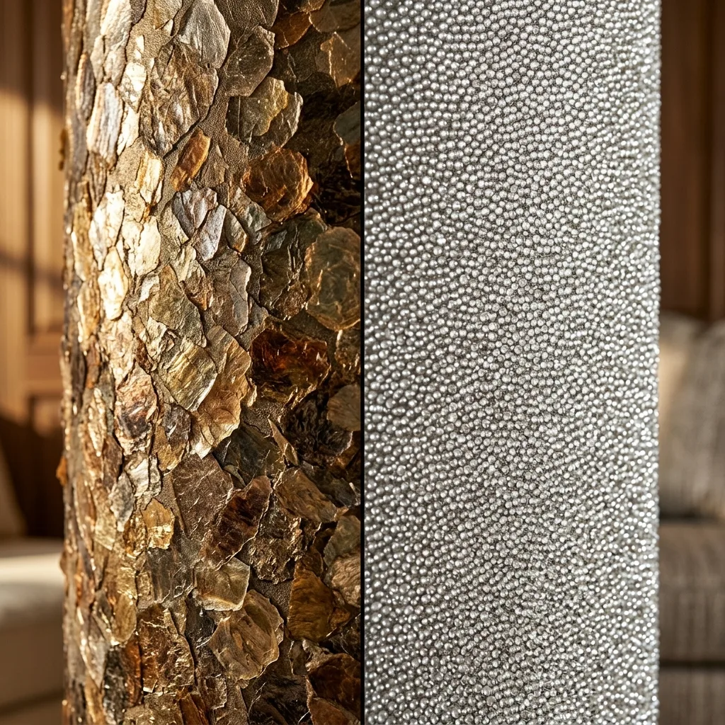 Side-by-side comparison of grasscloth wallcovering in a living room and cork wallcovering in a home office
