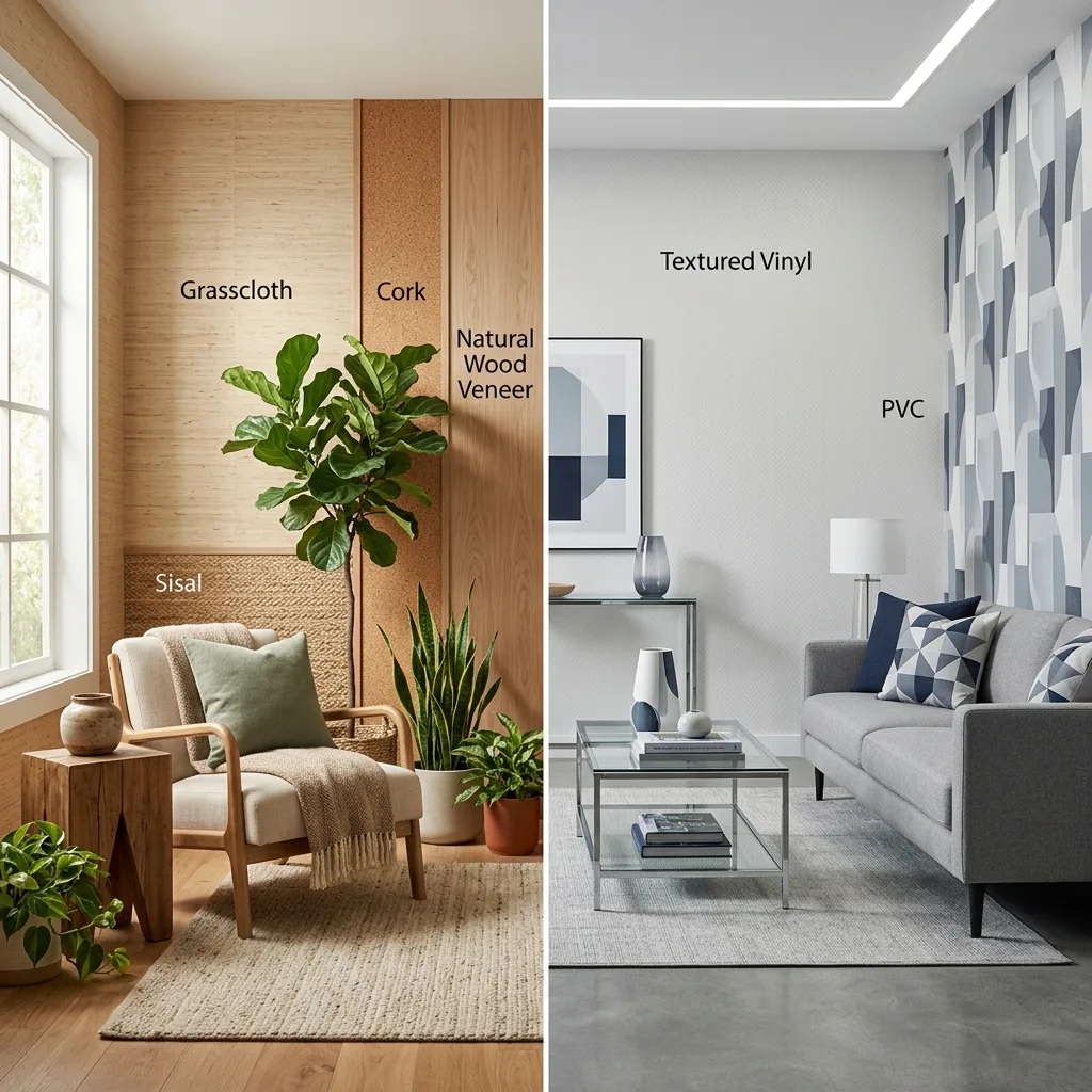 Side-by-side comparison of grasscloth wallcovering in a living room and cork wallcovering in a home office