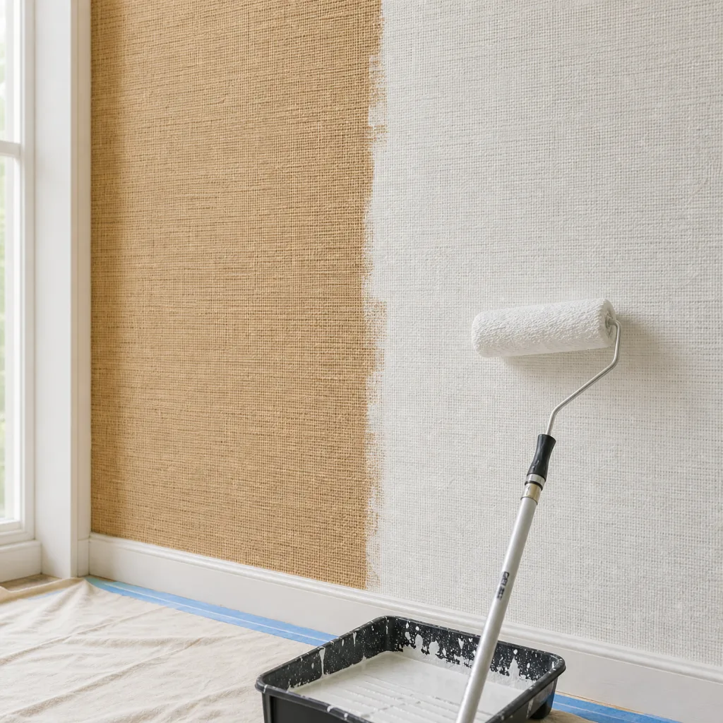 Extreme close-up comparison of real grasscloth natural fiber weave texture versus faux grasscloth smooth printed vinyl texture