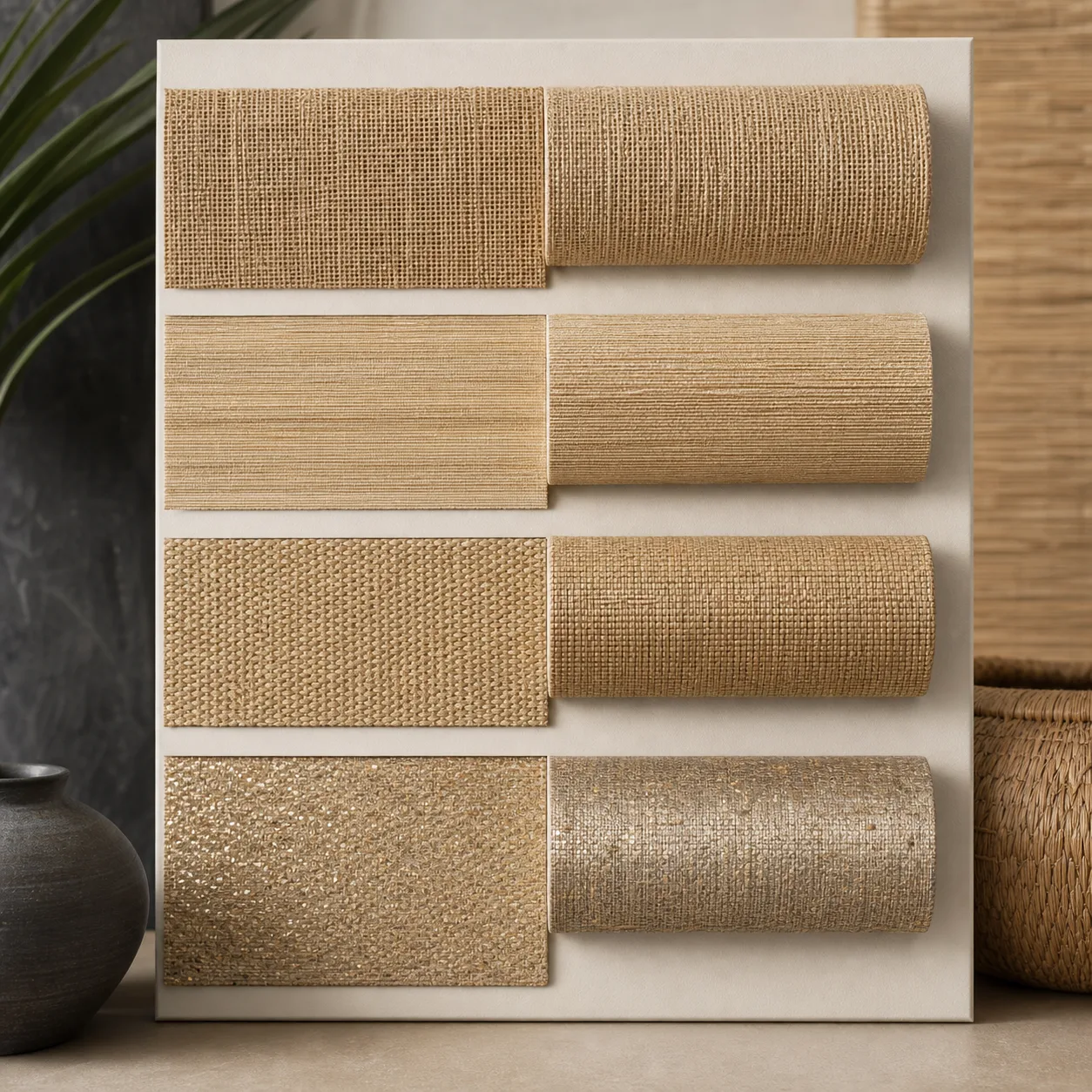 Extreme close-up comparison of real grasscloth natural fiber weave texture versus faux grasscloth smooth printed vinyl texture
