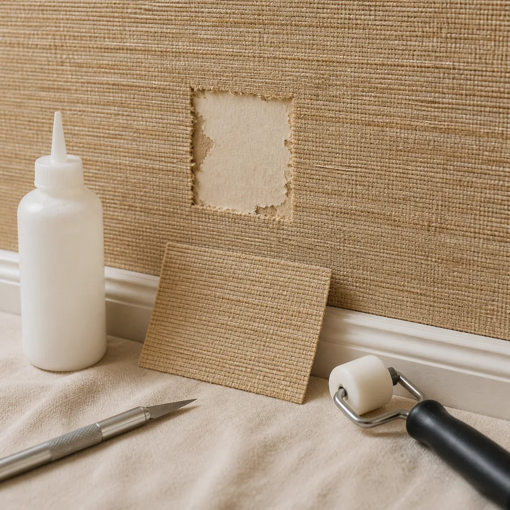 Extreme close-up comparison of real grasscloth natural fiber weave texture versus faux grasscloth smooth printed vinyl texture