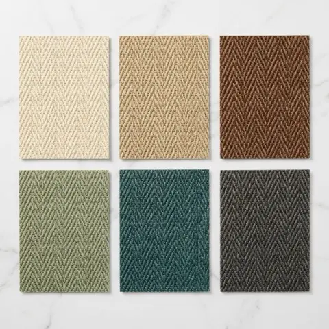 Sisal wallcovering color palette showing natural cream, warm beige, rich brown, sage green, deep teal, and charcoal grey