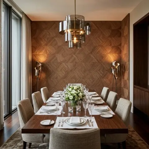 Elegant high-end dining room interior featuring natural sisal wallcovering in herringbone pattern