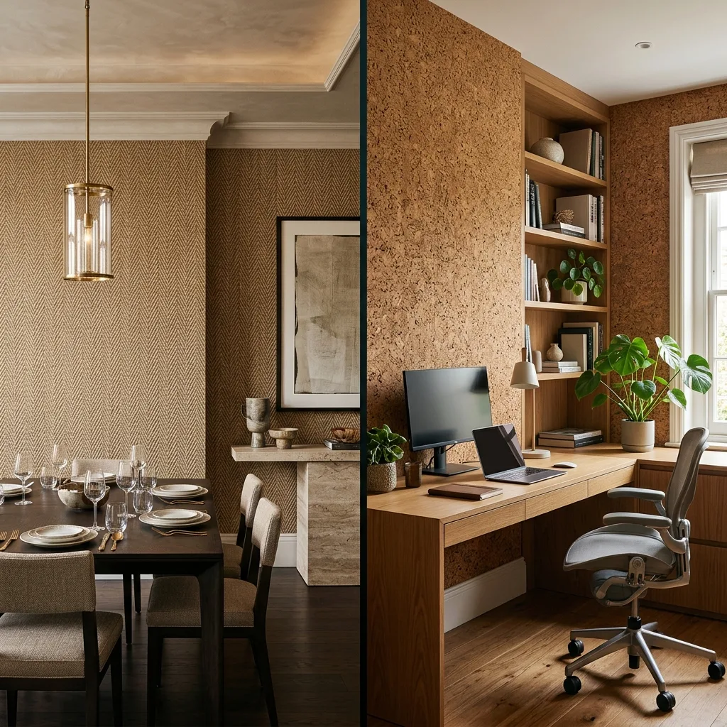 Side-by-side comparison of sisal wallcovering in a luxury dining room and cork wallcovering in a modern home office