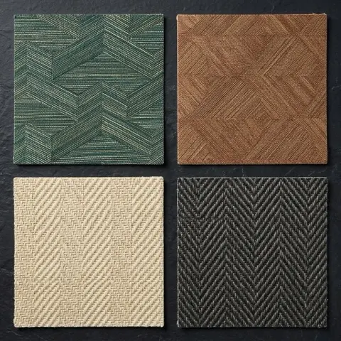 Different types of sisal wallcovering weave patterns including fine tight weave, herringbone, and open rustic weave
