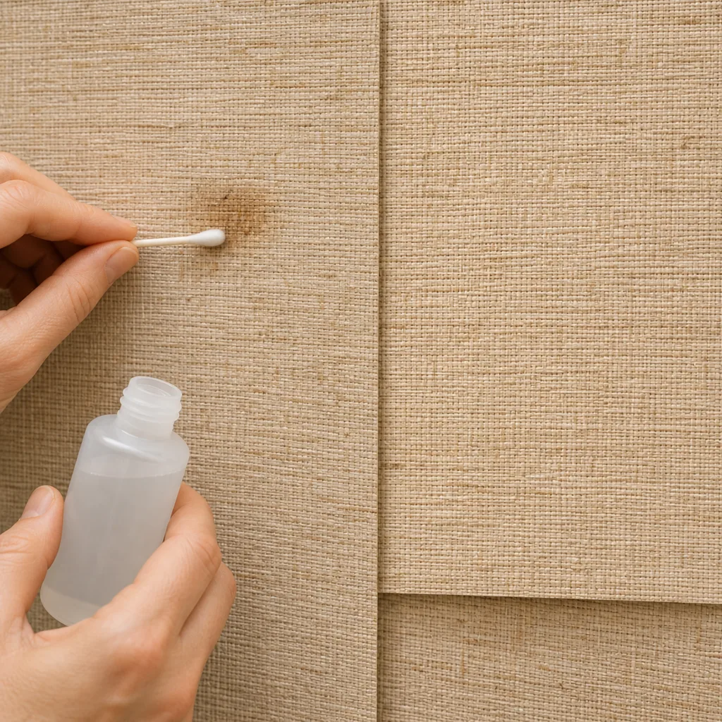 Extreme close-up comparison of real grasscloth natural fiber weave texture versus faux grasscloth smooth printed vinyl texture