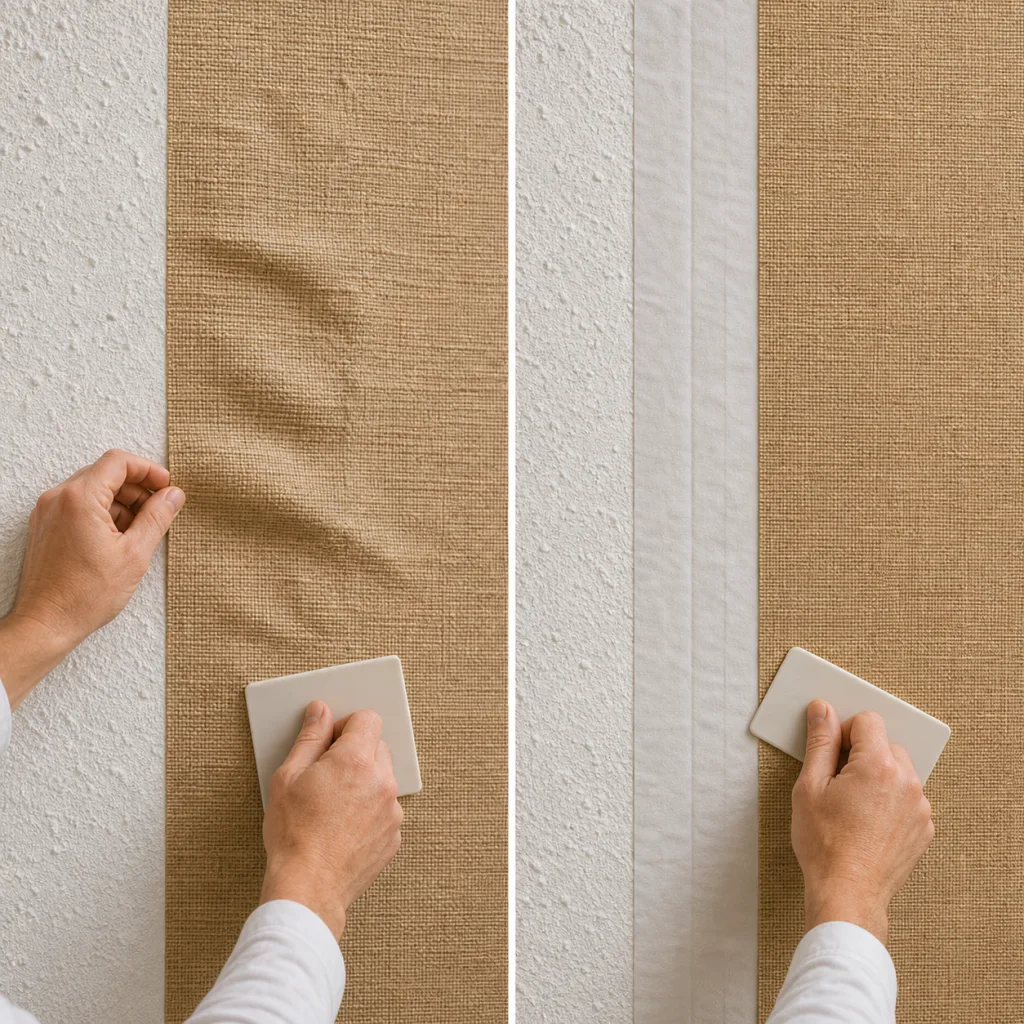 Extreme close-up comparison of real grasscloth natural fiber weave texture versus faux grasscloth smooth printed vinyl texture