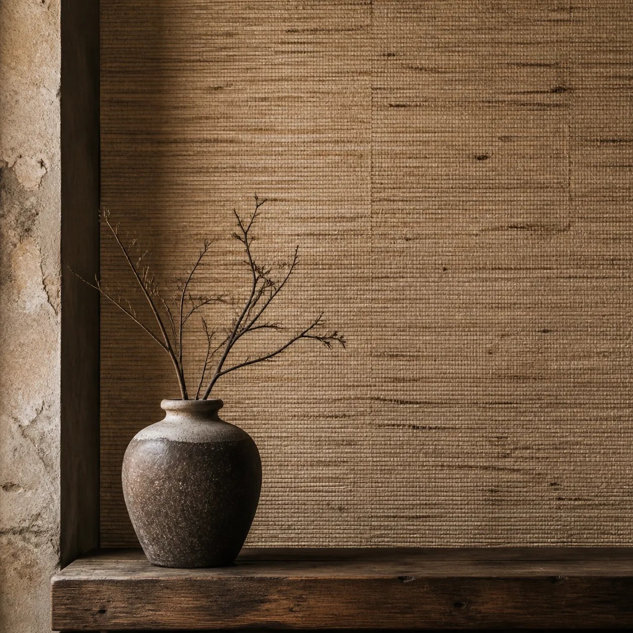 Extreme close-up comparison of real grasscloth natural fiber weave texture versus faux grasscloth smooth printed vinyl texture
