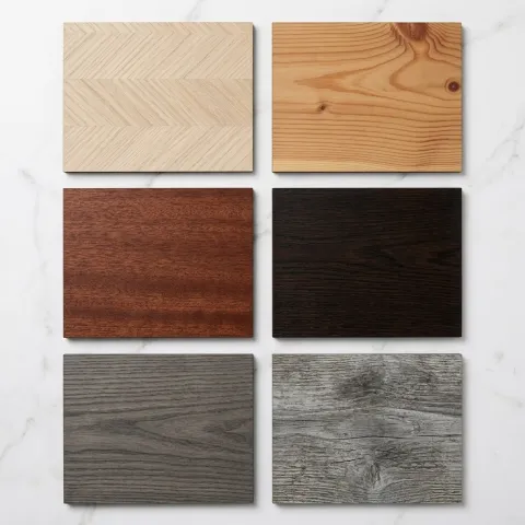 Six natural wood veneer wallcovering swatches showing variations from natural white oak to weathered grey wood