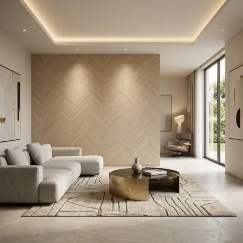 Modern luxury living room interior with natural wood veneer wallcovering on the main feature wall
