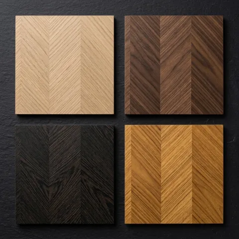 Four different wood veneer wallcovering texture samples on a dark surface, showing light oak, rich walnut, dark charcoal wenge, and warm teak