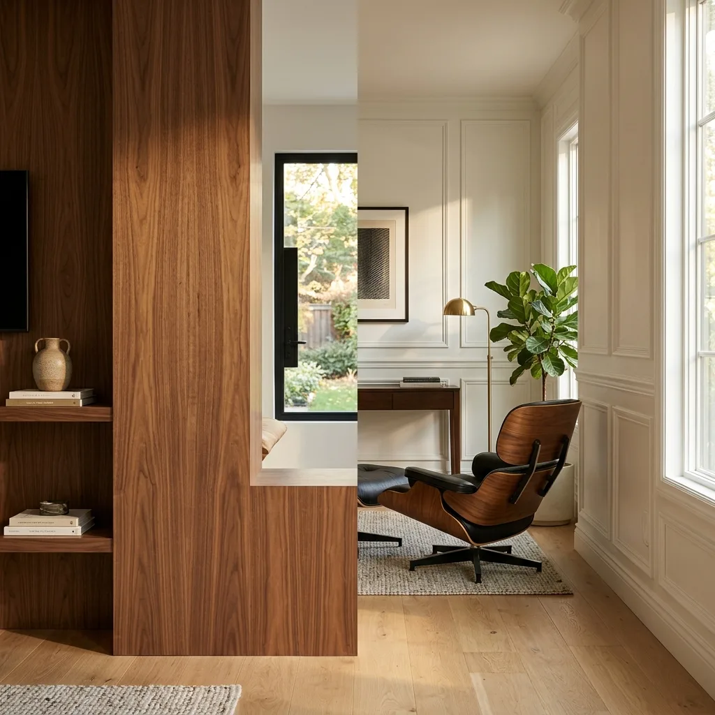 Side-by-side comparison of grasscloth wallcovering in a hotel lobby and wood veneer wallcovering in an executive boardroom