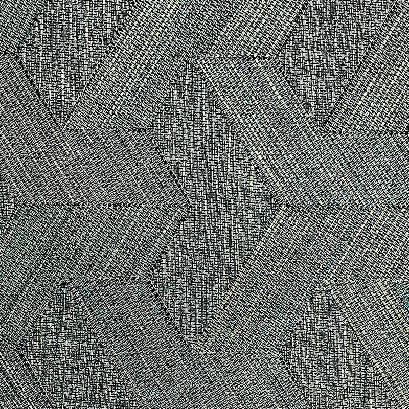 Close-up of Slate Chevron geometric grasscloth wallpaper showing angular broken-diamond chevron weave in cool charcoal grey