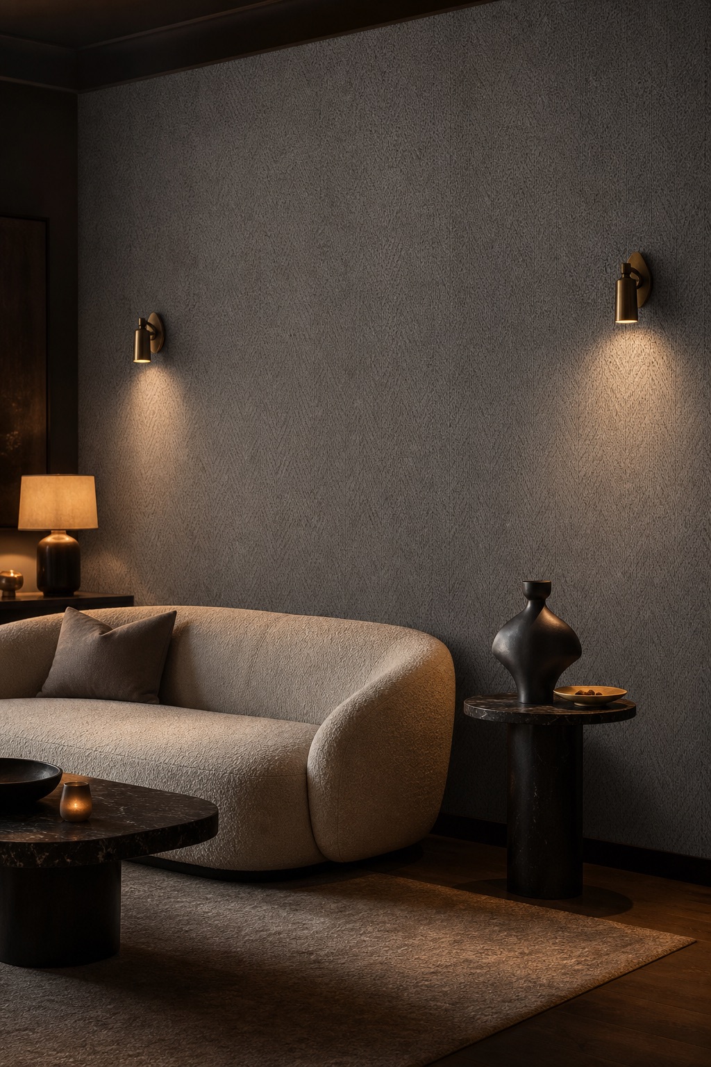 Boutique hotel lounge with Slate Chevron charcoal geometric grasscloth feature wall, brass sconces, and off-white bouclé sofa in evening light