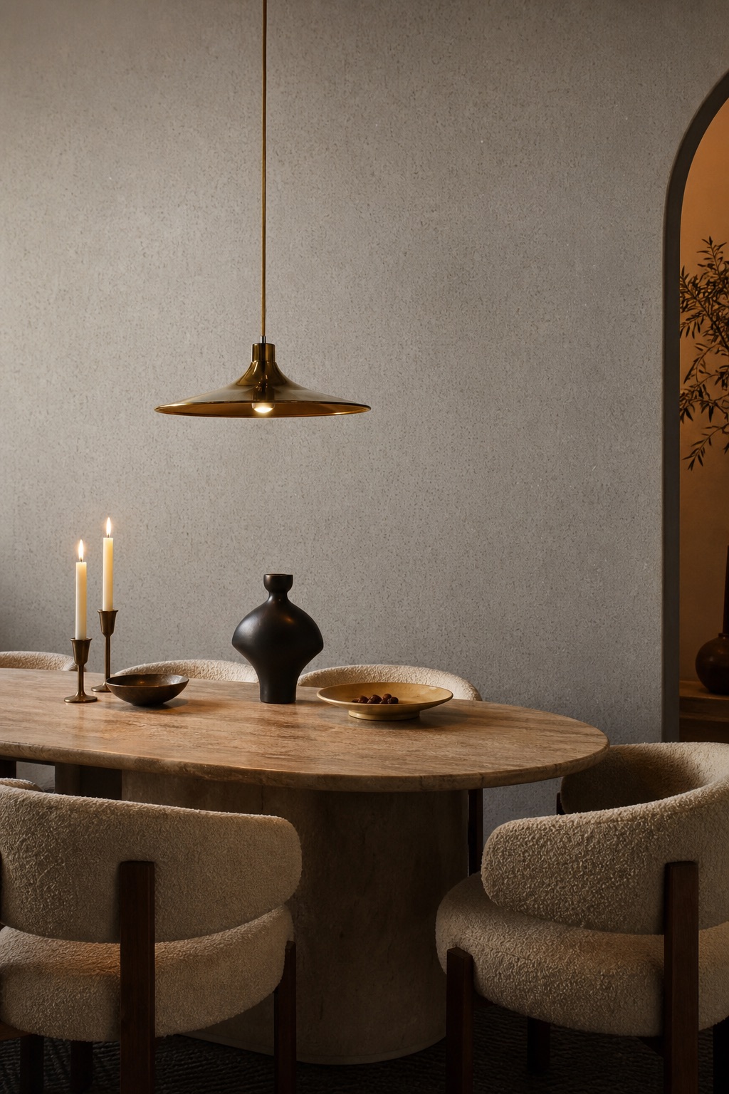 Private restaurant dining alcove enclosed in Slate Chevron charcoal geometric grasscloth with brass pendant and oval travertine table