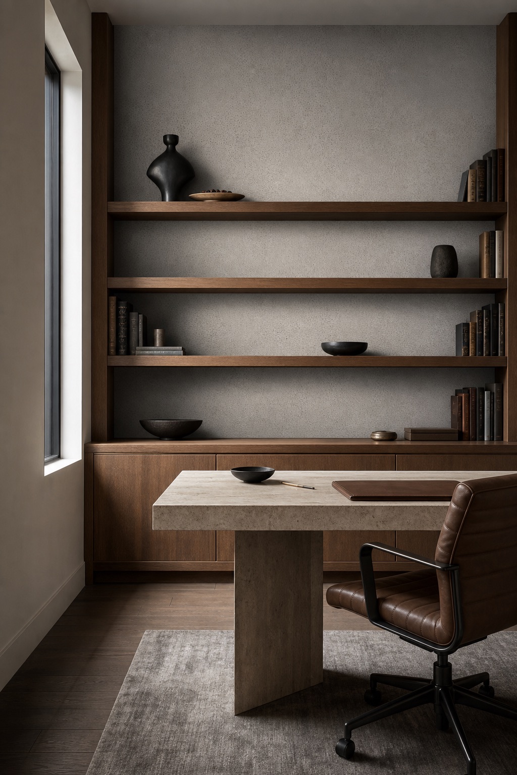 Private study with Slate Chevron charcoal chevron geometric grasscloth behind solid-oak built-in shelving in cool north daylight