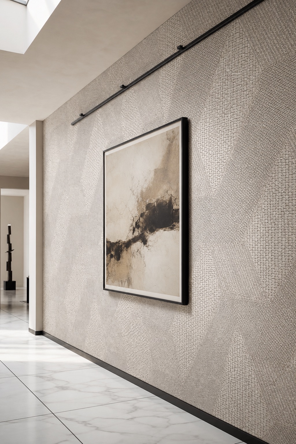 Warm off-white patchwork grasscloth wallcovering in a gallery-style residential corridor with marble floor and blackened-steel picture rail