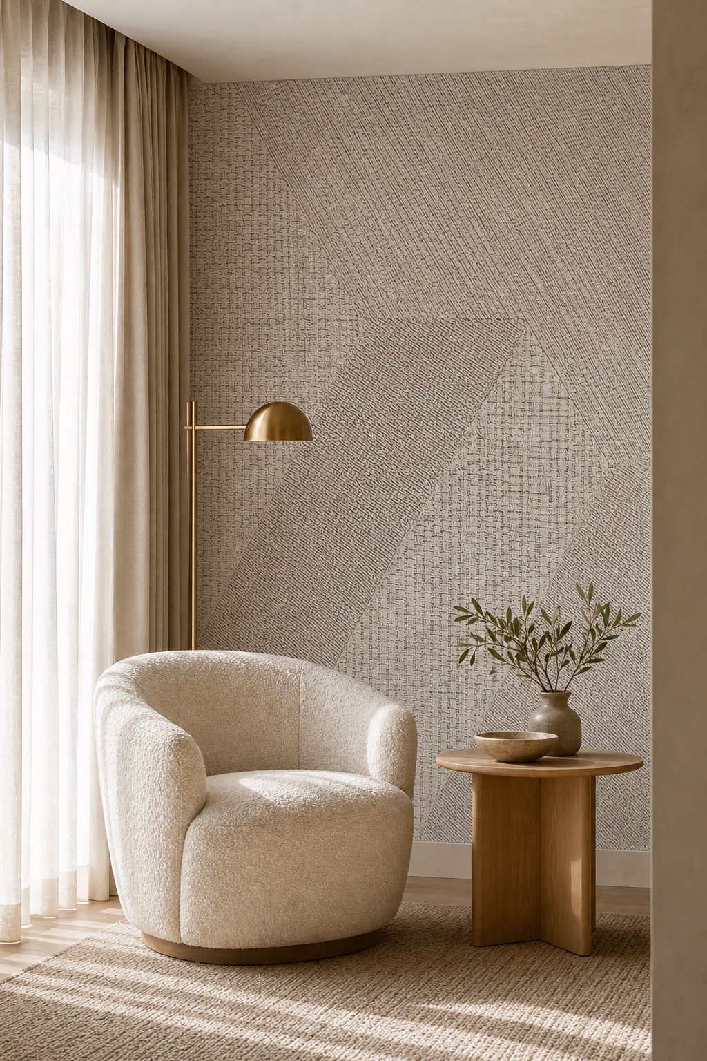 Patchwork grasscloth wallpaper on a hotel-suite sitting area back wall with bouclé chair and sheer linen daylight filtering in
