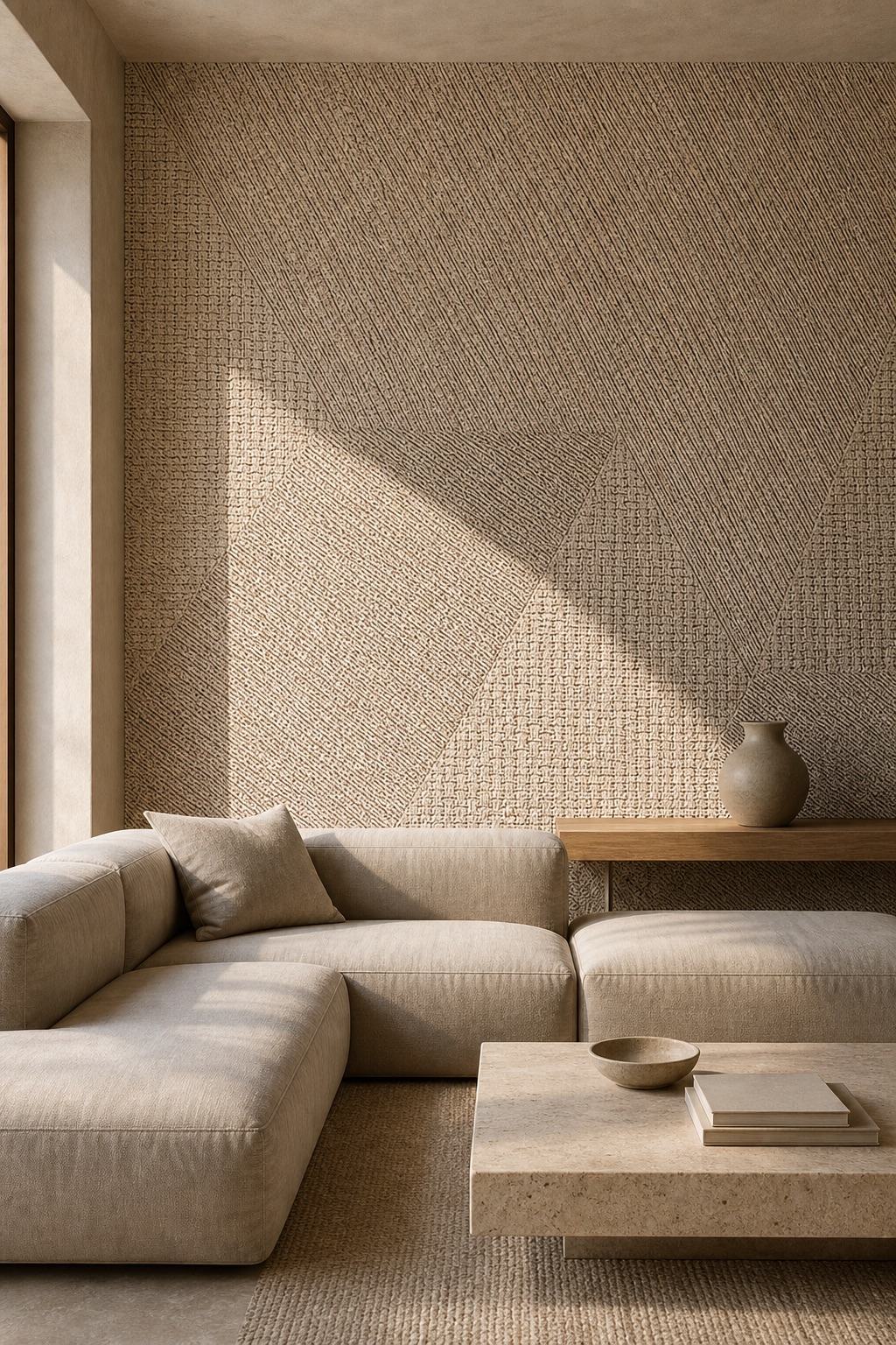 Natural patchwork grasscloth wallpaper on a living-room feature wall, afternoon light revealing geometric panel contrast against linen and plaster