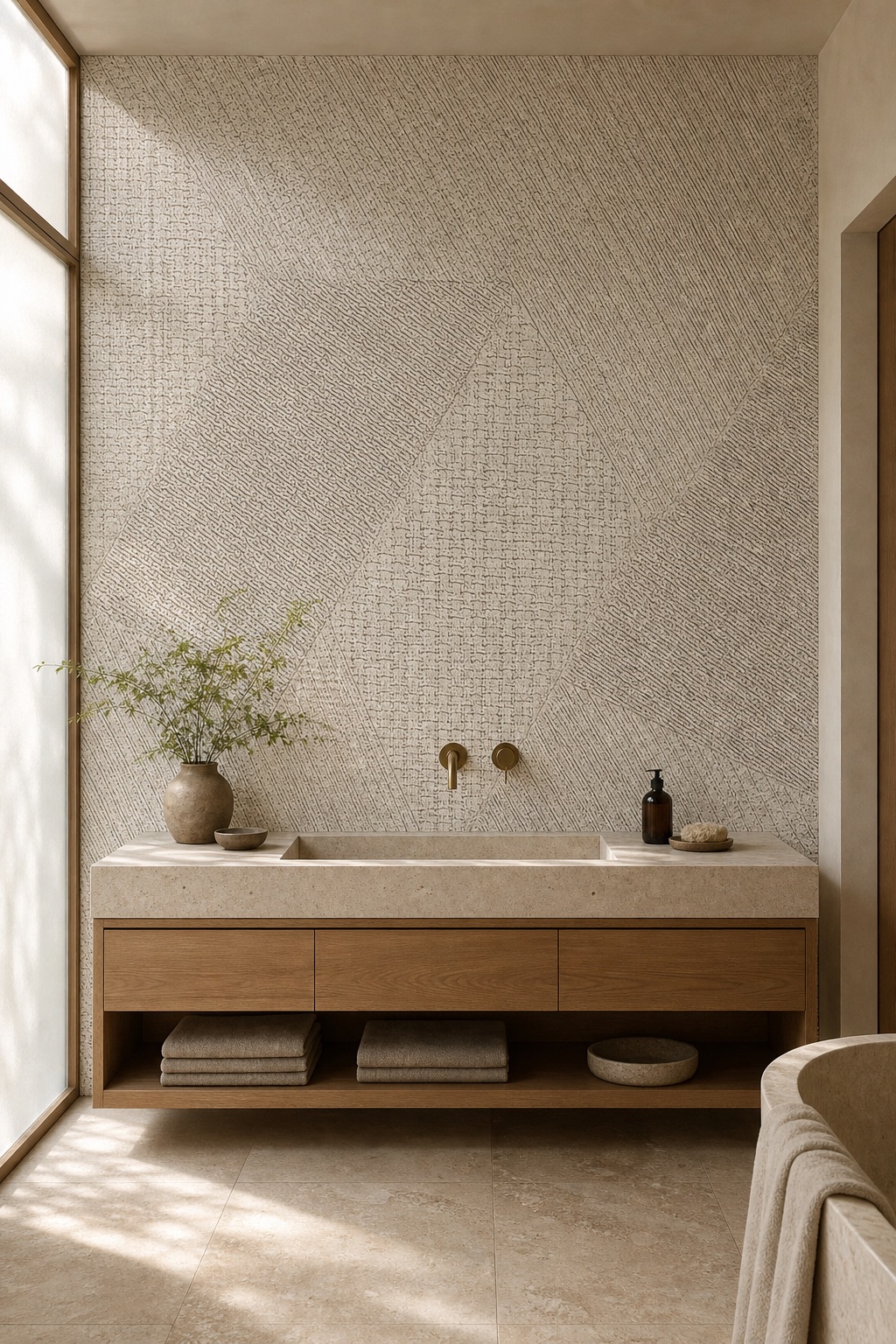 Patchwork grasscloth wallpaper on a wellness bathroom feature wall with honed travertine, oak vanity, and morning light