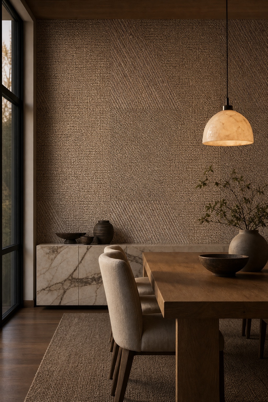 Beige grasscloth wallpaper Sand Facet on a dining room feature wall with oak table, marble sideboard, and warm evening pendant light