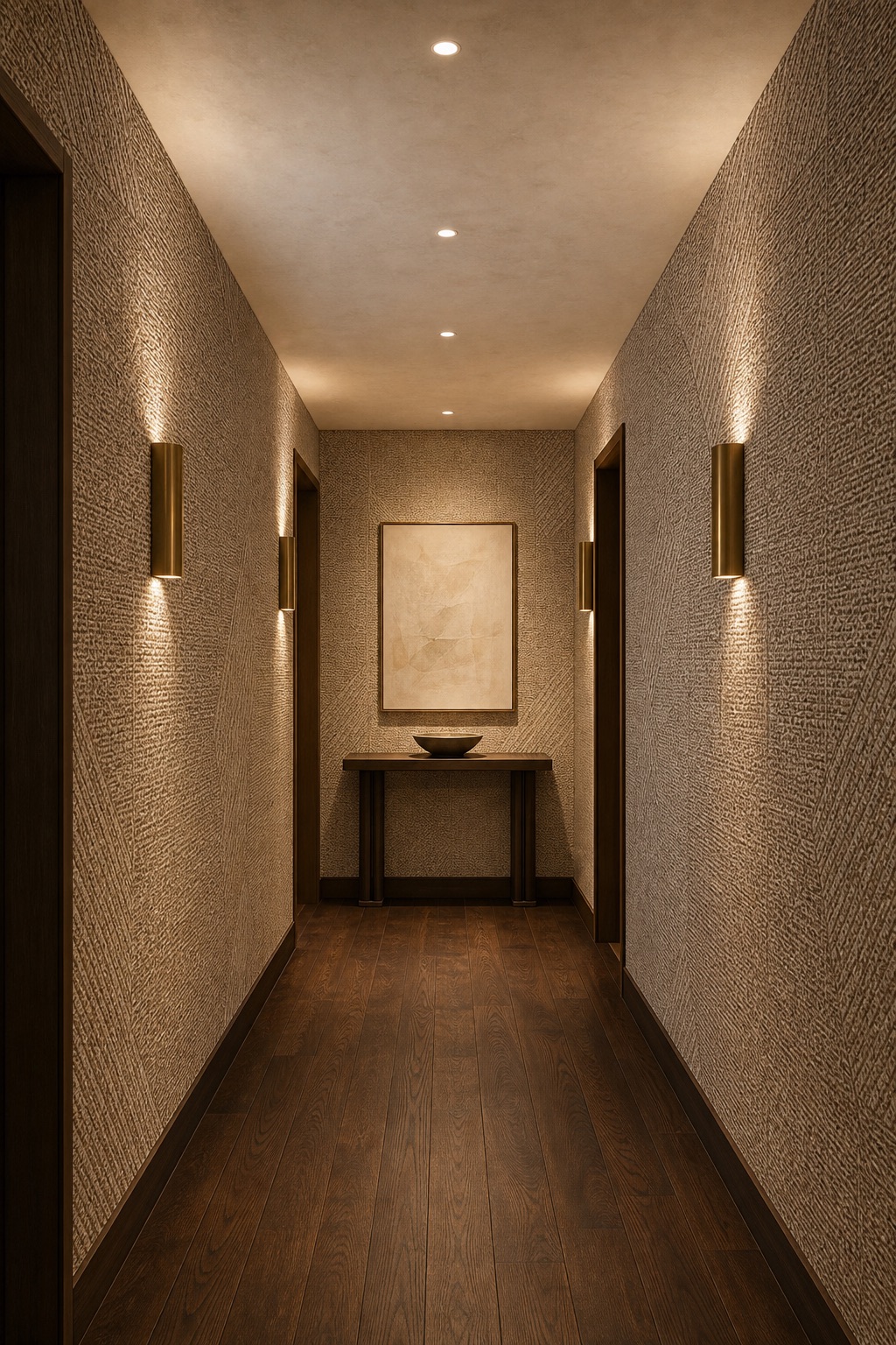 Beige grasscloth wallcovering Sand Facet lining a hotel corridor with brushed brass sconces, plaster ceiling, and dark oak floor