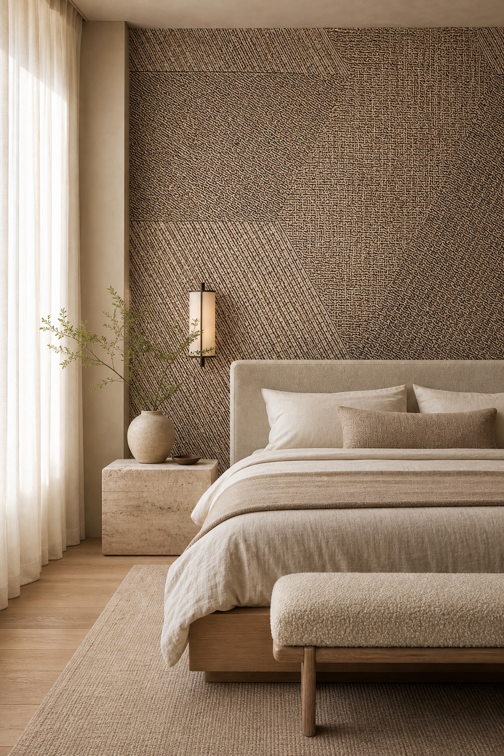 Beige grasscloth wallpaper Sand Facet as headboard feature wall in a japandi bedroom with travertine surfaces, linen bedding, and pale oak floor
