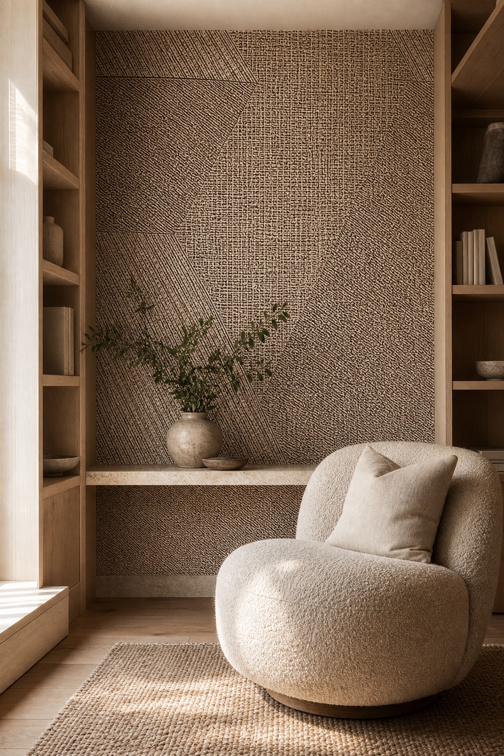 Beige grasscloth wallpaper Sand Facet behind pale oak shelving in a morning-lit reading nook with bouclé chair and linen cushions