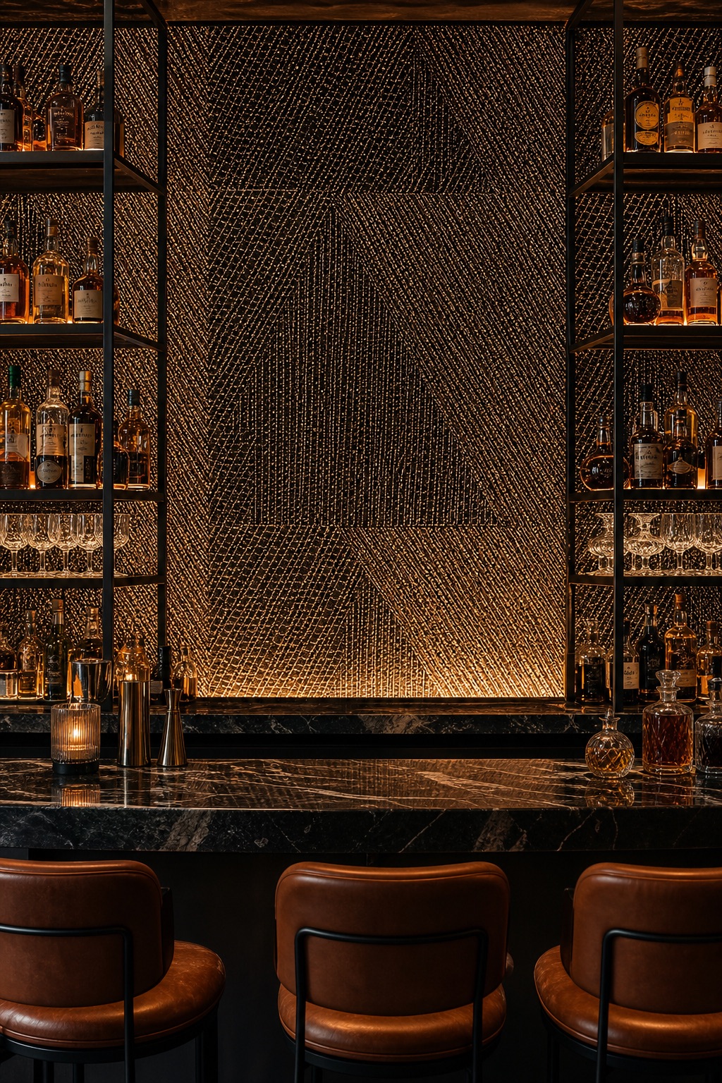 Dark bronze metallic grasscloth wallcovering on a cocktail bar back wall with blackened steel shelving and warm evening downlighting