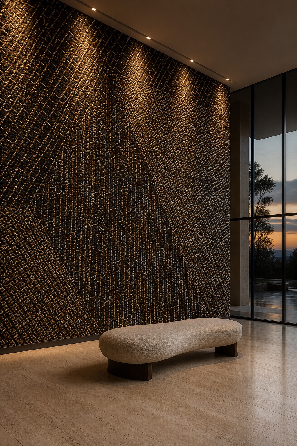 Metallic grasscloth floor-to-ceiling feature wall in a hotel lobby at dusk with travertine floor and warm recessed downlighting