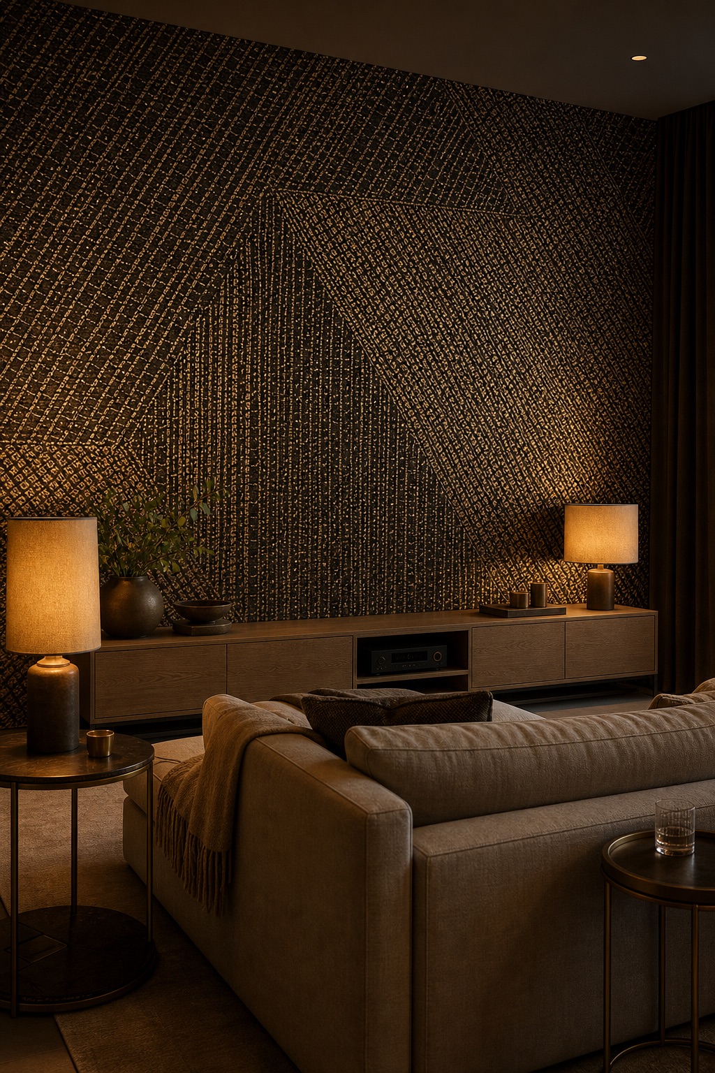 Dark metallic grasscloth on the feature wall of a residential media room with oak credenza and brass ambient lamps at dusk