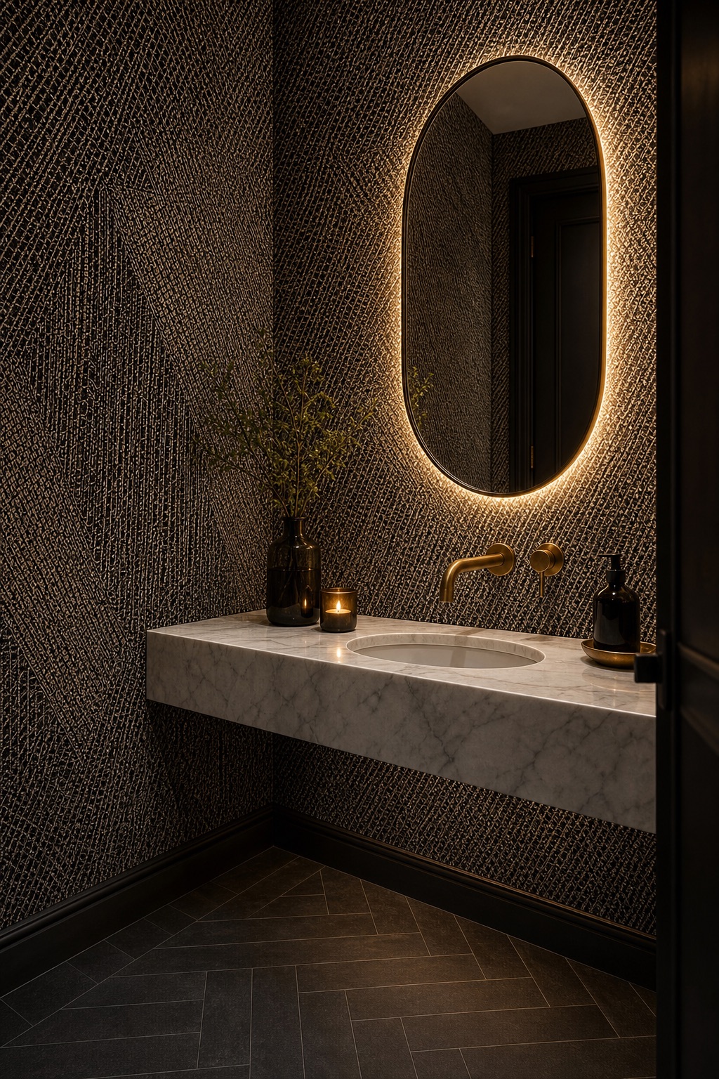 Bronze metallic grasscloth wallcovering covering full-height powder room walls beside a marble vanity and brass fixtures
